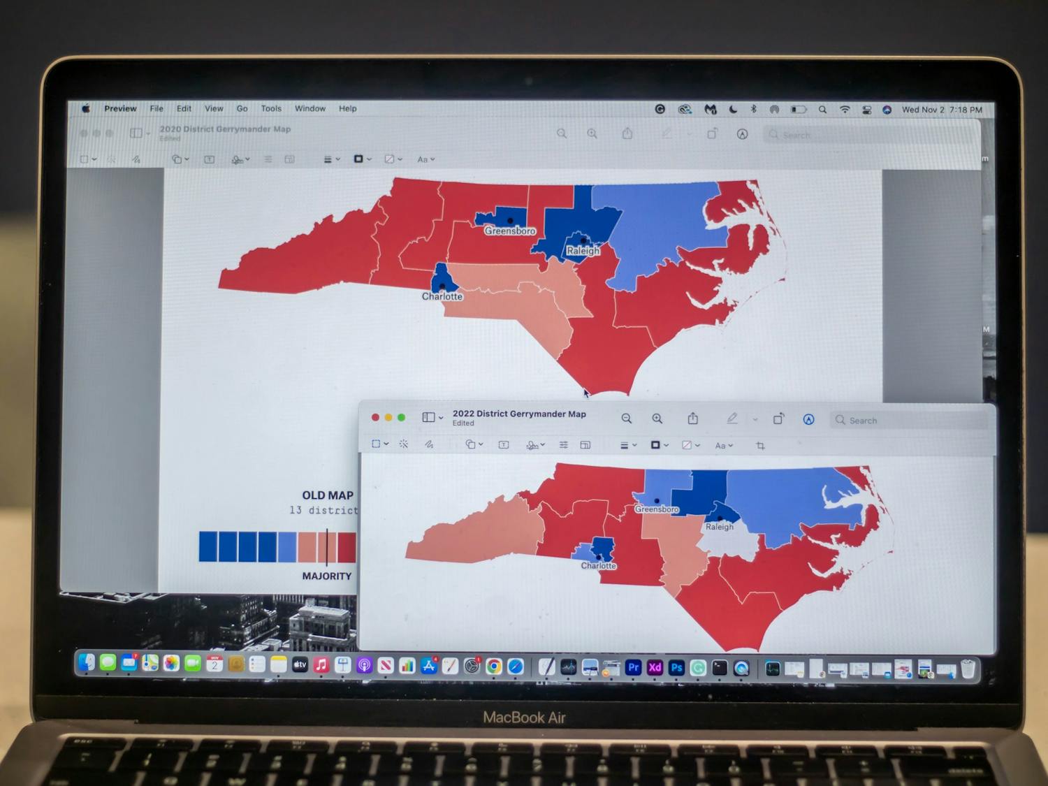 DTH Photo Illustration. A side by side comparison of North Carolina's gerrymandered map from 2020 and the map for the 2022 election.