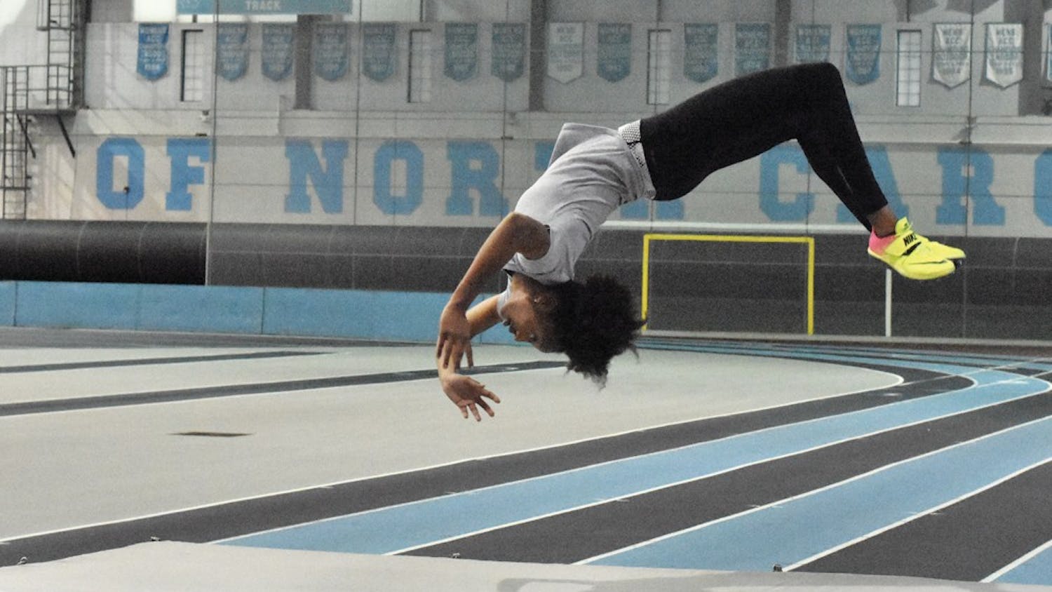 Nicole Greene, a sophomore and two-time NCAA championship-qualifier, practices for the high jump. She has made the Dean’s List each of her three semesters at UNC.