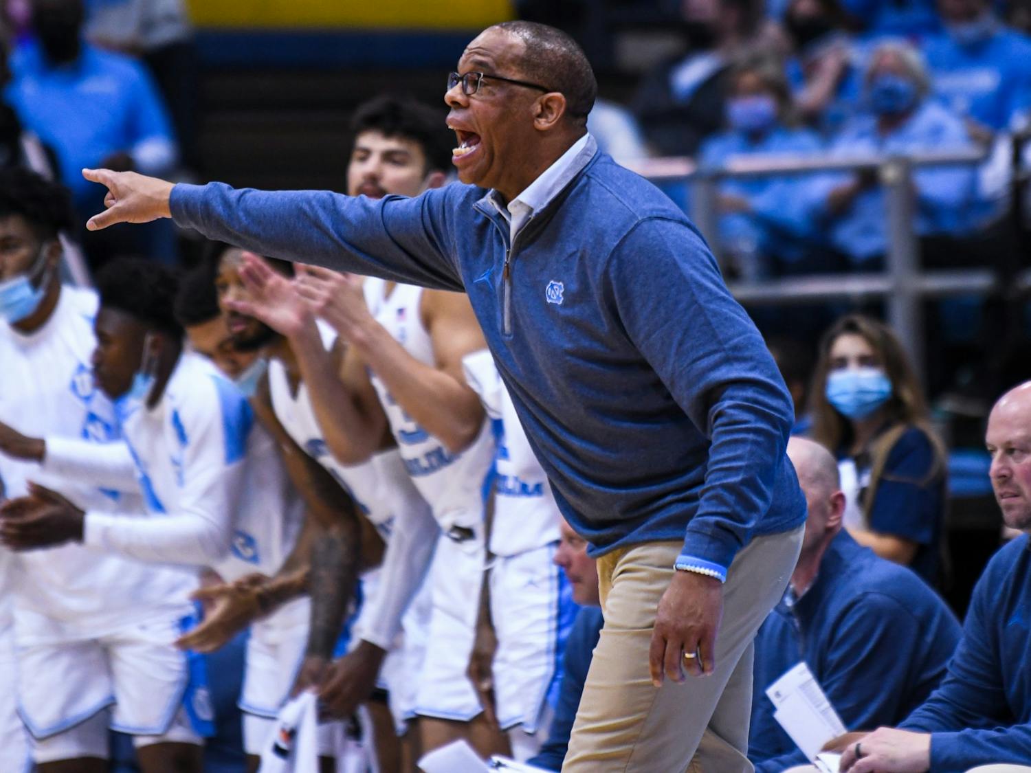 Head coach Hubert Davis directs his team at the game against Appalachian State in the Dean E. Smith Center on Dec 21, 2021. UNC won 70-50.