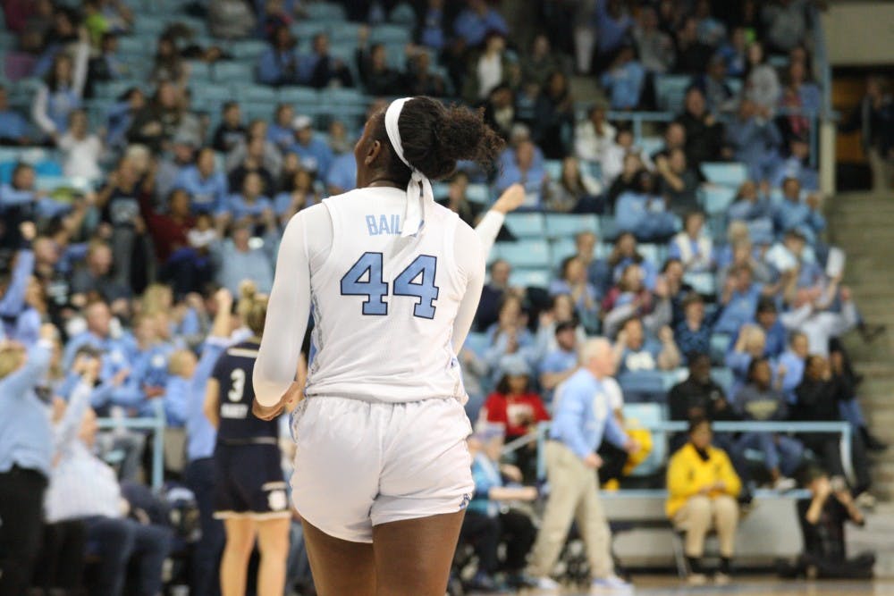 Sophomore center Janelle Bailey (44) celebrates with the crowd after a clutch UNC three pointer in an upset against No. 1 Notre Dame in Carmichael Arena on Jan. 27, 2019. UNC wins 78-73.