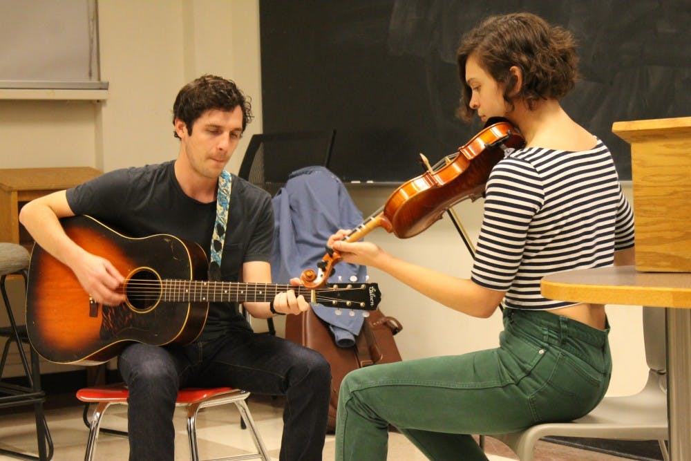 Joseph Terrell and Libby Rodenbough of Mipso play a short set during a Q&amp;A hosted by Carolina Creates Music in Bingham Hall on Tuesday evening.&nbsp;