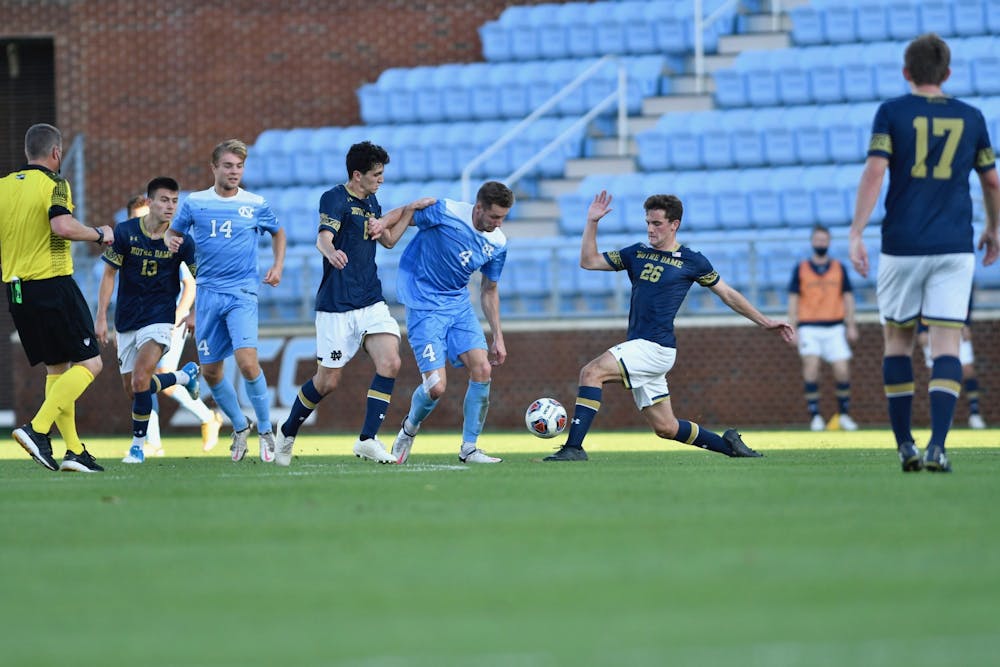 UNC's men's soccer team faced off against Notre Dame in the first round of the ACC tournament on Sunday, Nov. 14, 2020 in Dorrance Field. UNC fell to Notre Dame 1-0. Photo courtesy of Dana Gentry for UNC Athletic Communications. 