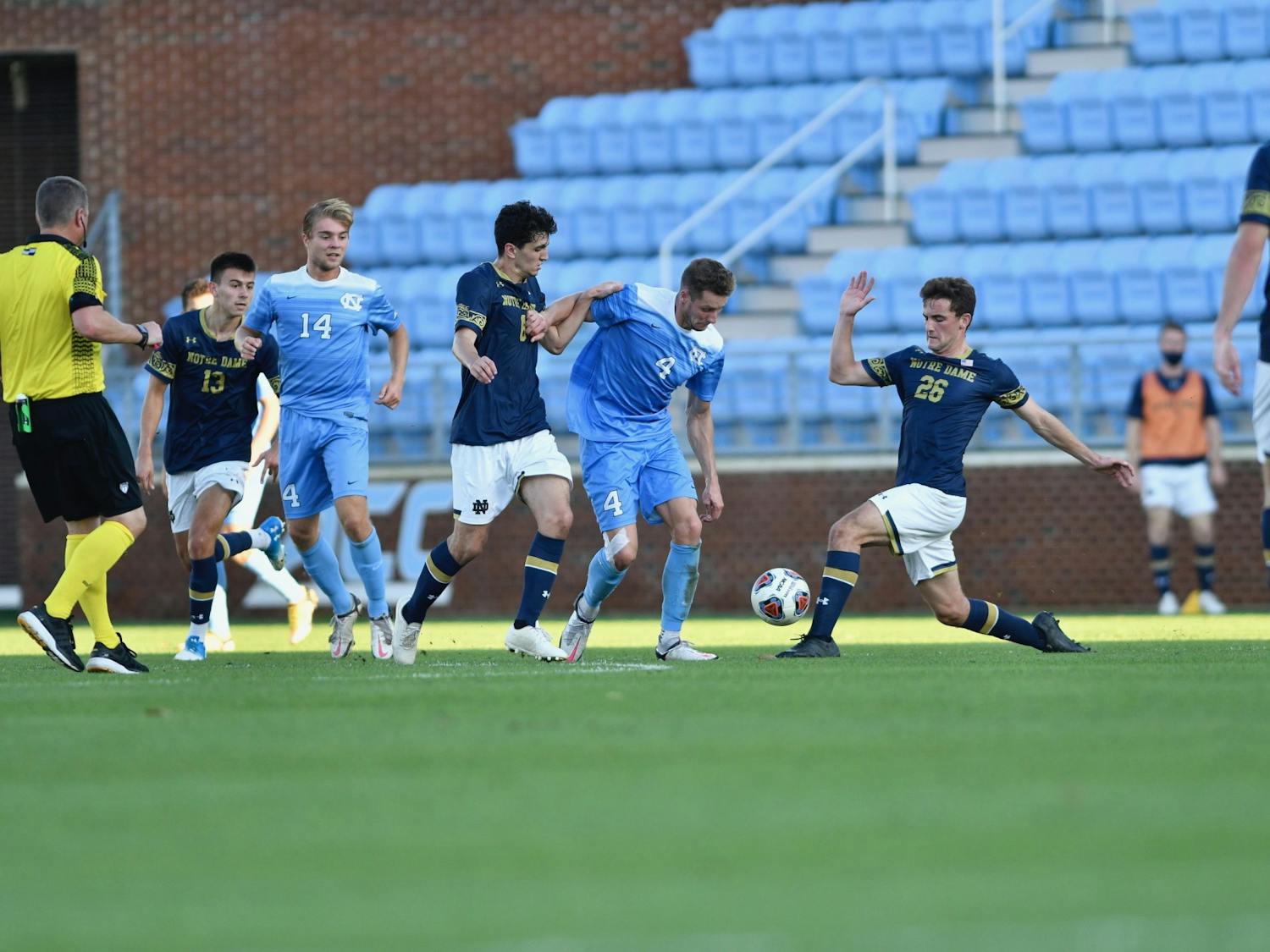 UNC's men's soccer team faced off against Notre Dame in the first round of the ACC tournament on Sunday, Nov. 14, 2020 in Dorrance Field. UNC fell to Notre Dame 1-0. Photo courtesy of Dana Gentry for UNC Athletic Communications. 