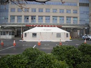 A tent stands outside the emergency wing of the UNC Medical Center on Monday, March 23, 2020. The tent was set up to keep coronavirus patients separated from other patients and hospital staff members.