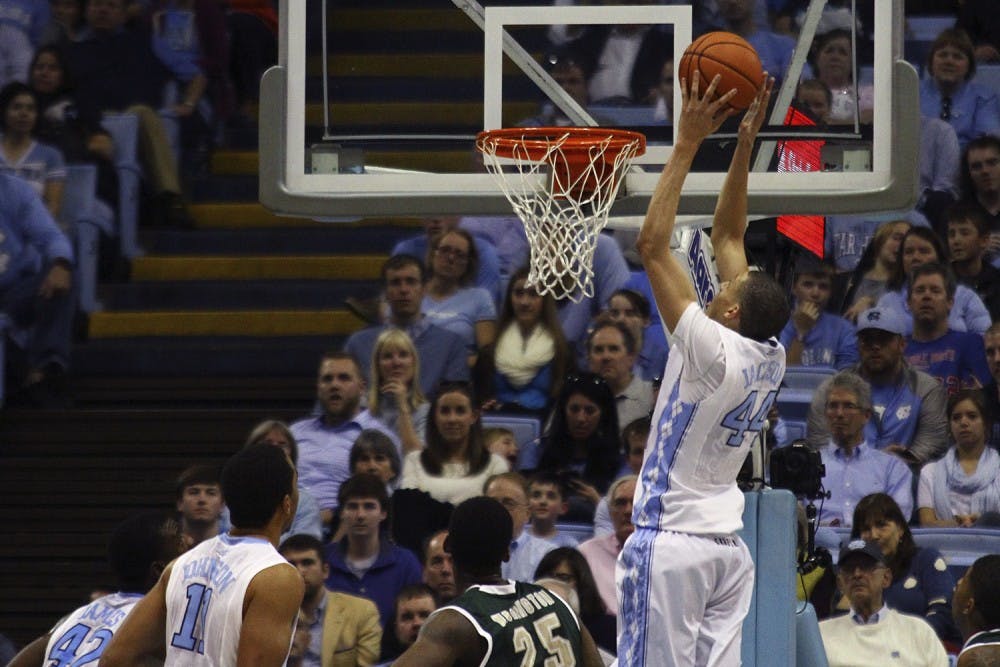 Forward Justin Jackson (44) makes the last shot of the first half during the win against UAB.