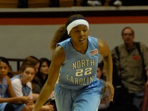 UNC's Cetera DeGraffenreid (22) struggled against the Hokies, scoring only five points on 1-11 shooting. She turned the ball ove