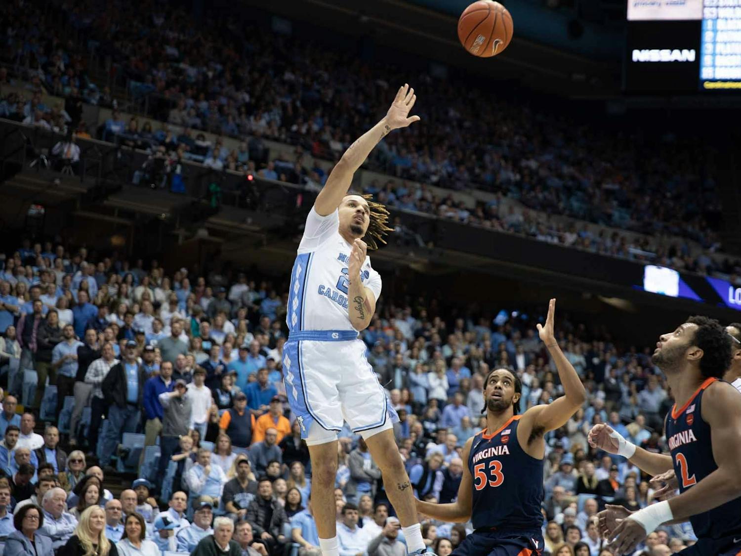 First-year guard Cole Anthony (2) attempts a basket against Virginia in the Smith Center on Saturday, Feb. 15, 2020. 