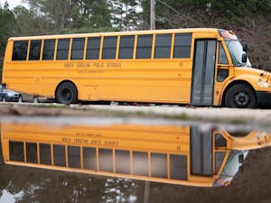A North Carolina school bus located in Carrboro, N.C. on Wednesday, Feb. 12, 2020. On Feb. 6, 2020, local schools dismissed early in order to get students home in the midst of severe  weather. The storms  coincided with dismissals, however, causing students and staff to return indoors.