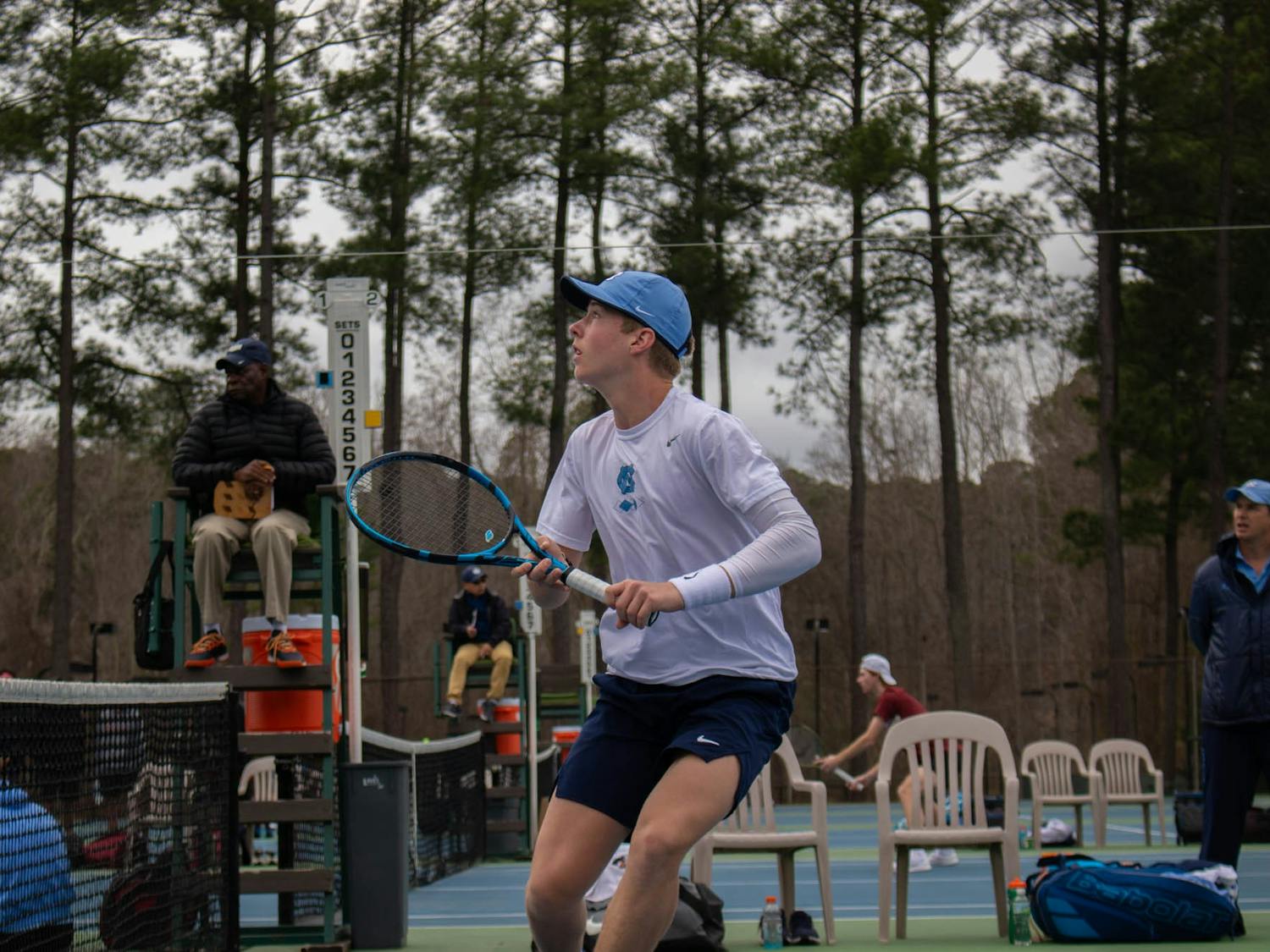 First-year Will Jansen competes against Boston College at the Chapel Hill Tennis Club on Sunday, Feb. 26, 2023. 