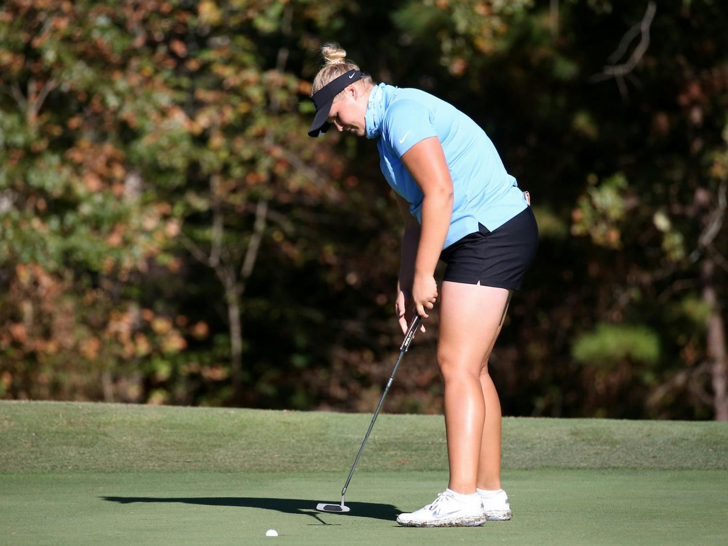 Krista Junkkari prepares to put during the Ruth's Chris Tar Heel Invitational at Finley Golf Course on Friday, Oct. 11, 2019. Photo Courtesy of UNC Athletic Communications