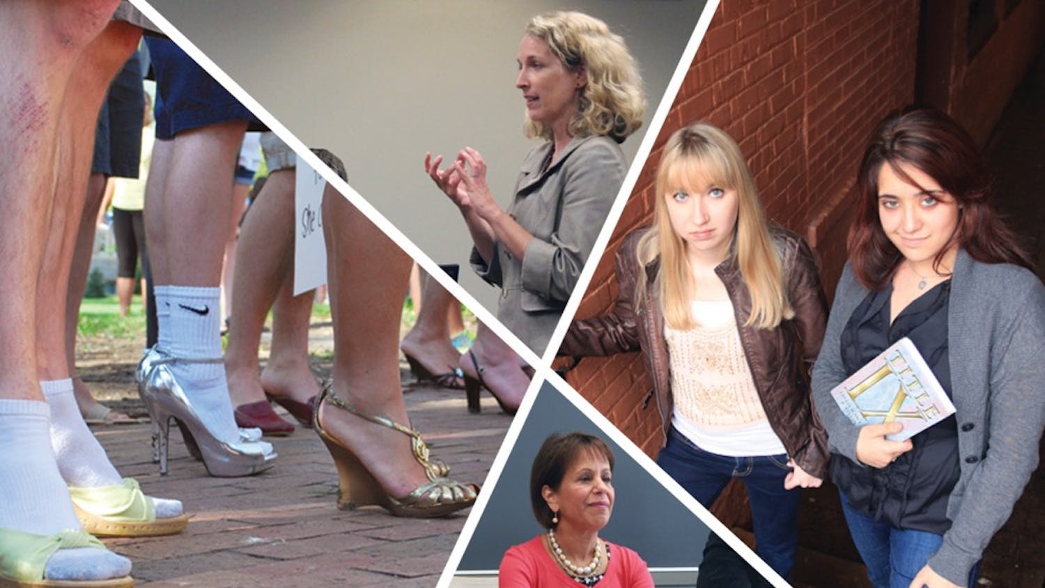 Clockwise from left: The Walk a Mile in Her Shoes event was held this spring to bring men into the conversation on sexual assault. Christi Hurt, UNC’s Sexual Assault Task Force chairwoman, speaks about policies at a meeting. Landen Gambill and Andrea Pino are among the filers of federal complaints against UNC’s handling of sexual assault. Chancellor Carol Folt approved the policy when she received it a week before classes started.
