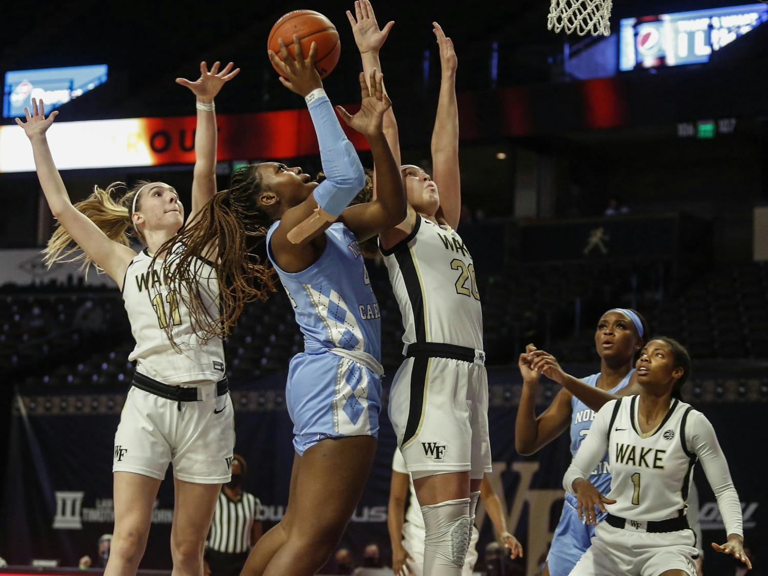 UNC senior center Janelle Bailey (44) attempts to make a basket during a game against Wake Forest on Thursday, Nov. 10, 2020. UNC fell to Wake Forest 57-54. Photo courtesy of UNC Athletic Communications