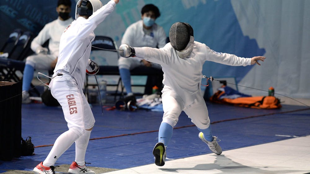 UNC fencer Jack Kambeseles pictured at the ACC Championship at Carmichael Arena on Saturday, Feb. 27, 2021.
Photo Courtesy of UNC Athletic Communications.