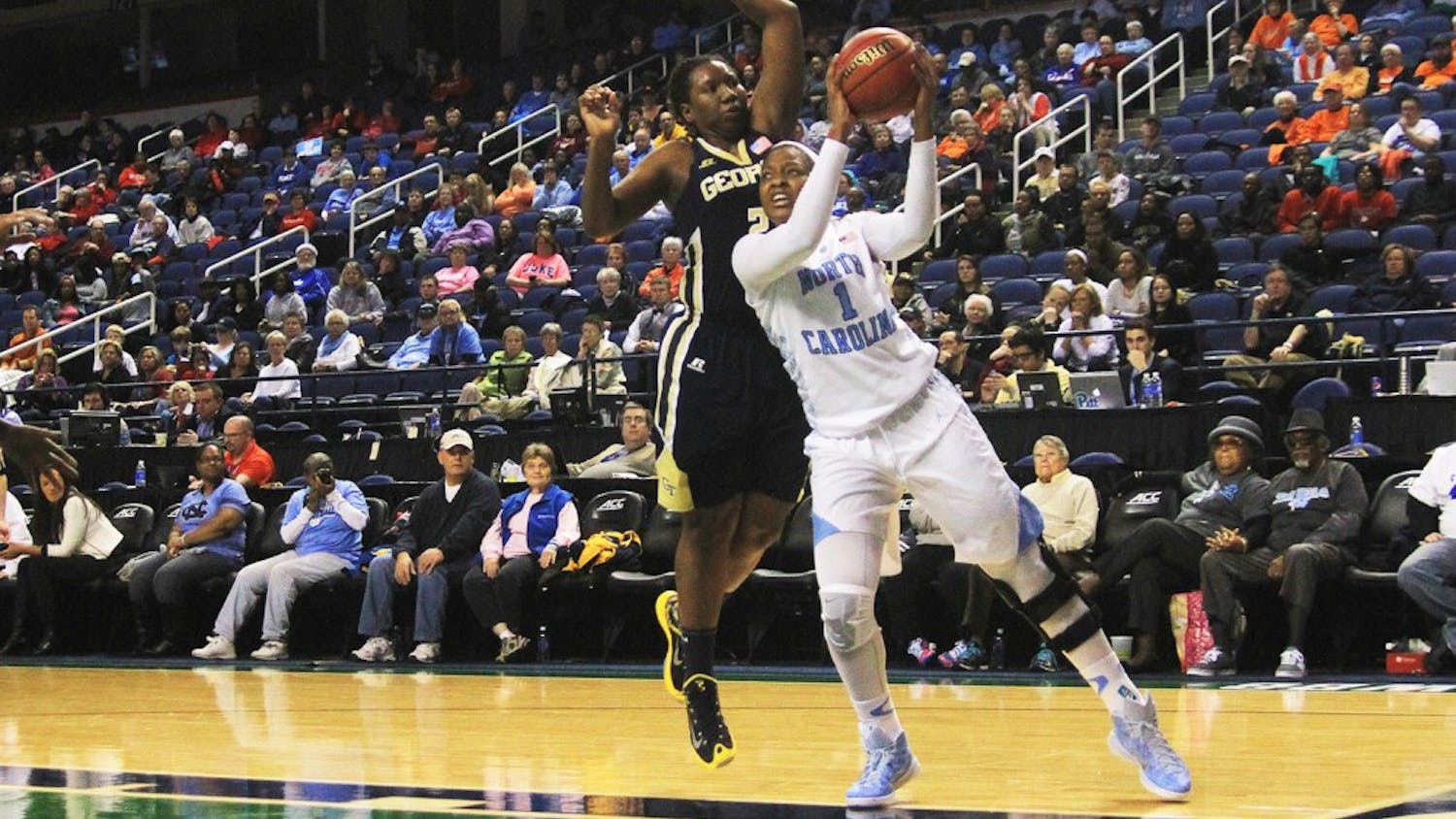 Sophomore forward Stephanie Mavunga looks for an open shot in the game against Georgia Tech in the second round of the women’s ACC Tournament in the Greensboro Coliseum on Thursday evening.