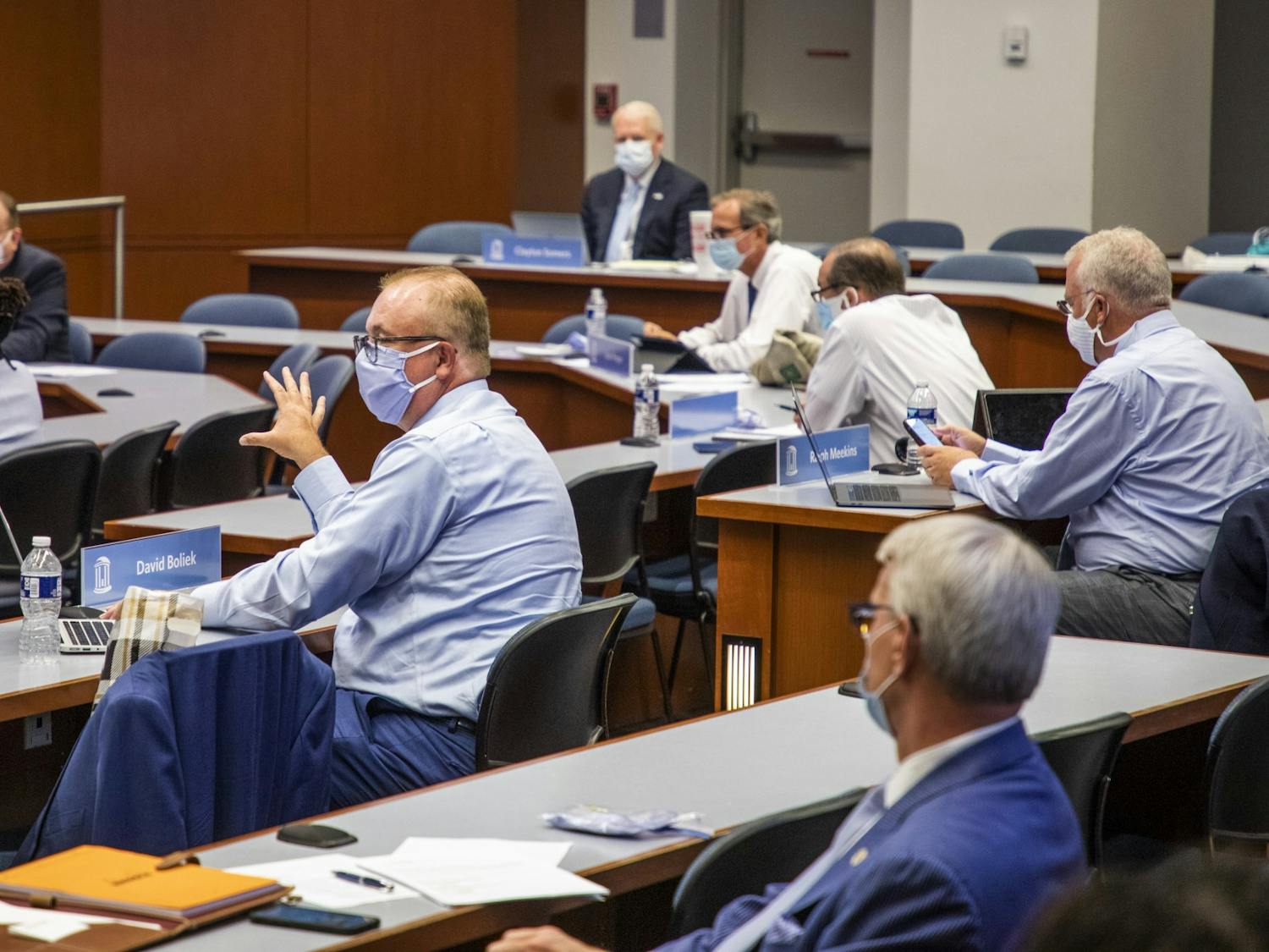 UNC Board of Trustees member David Boliek discusses amendments to a new policy for renaming campus buildings during a UNC Board of Trustees meeting on Thursday, July 16, 2020, in Chapel Hill, N.C.
Photo courtesy of Casey Toth of the News &amp; Observer.&nbsp;