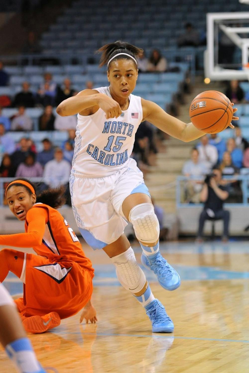 UNC guard Alisha Gray (15) drives to the basket against Clemson.