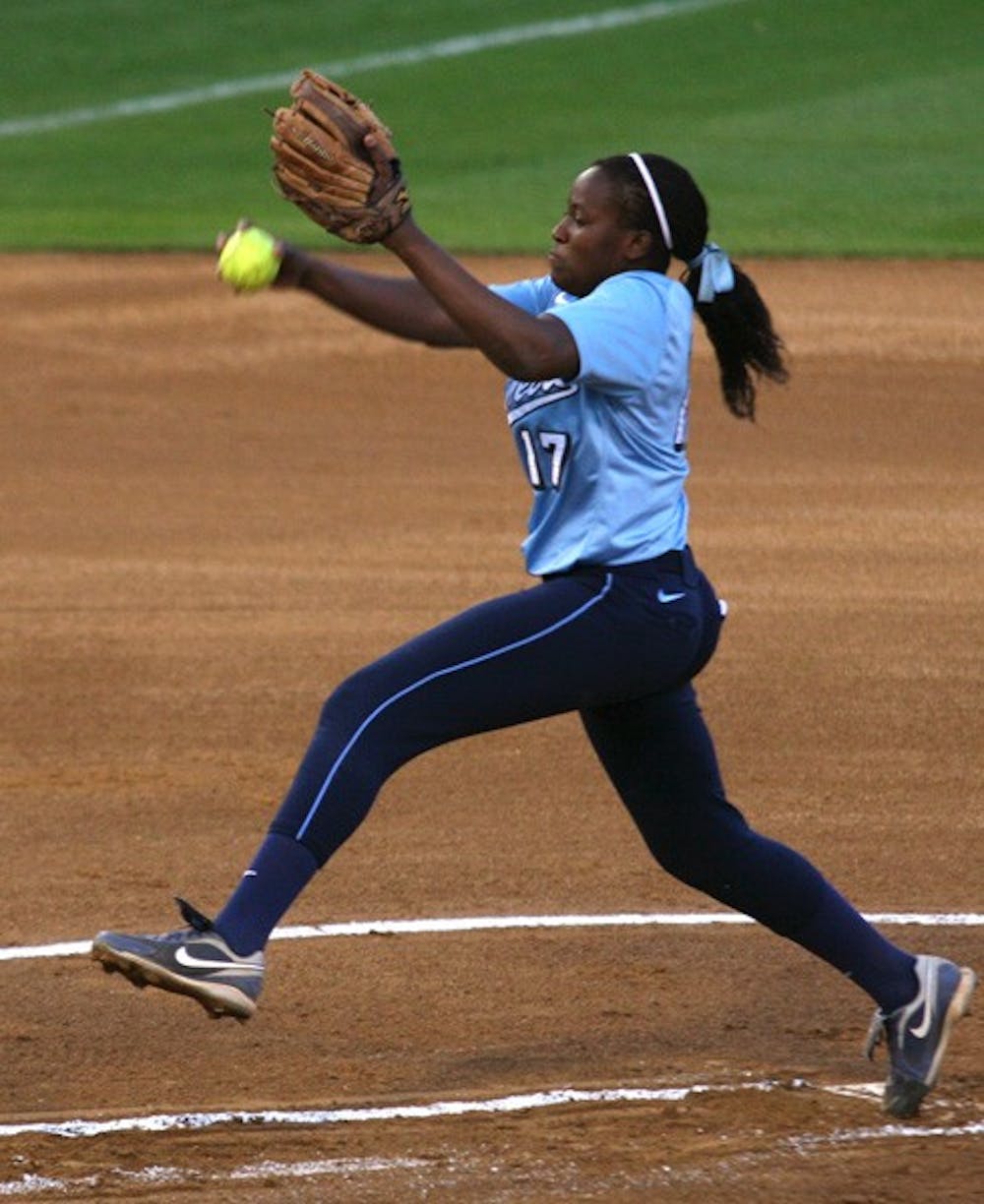 Sophomore Constance Orr pitches in Tuesday's game against Campbell. DTH/Stephen Mitchell