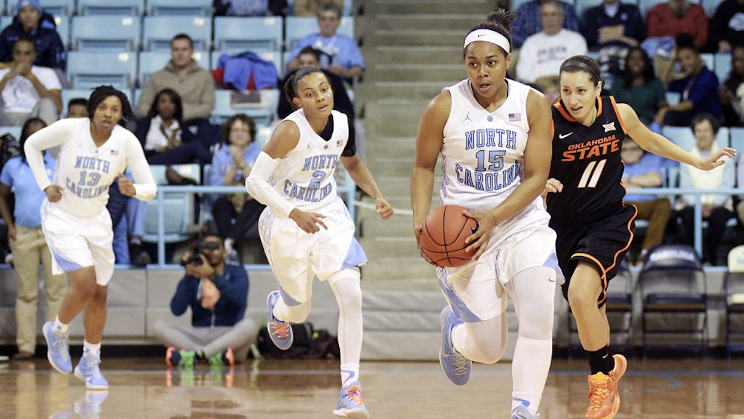 Sophomore guard Allisha Gray (15) scored 22 points in UNC’s 79-77 win over Oklahoma State.