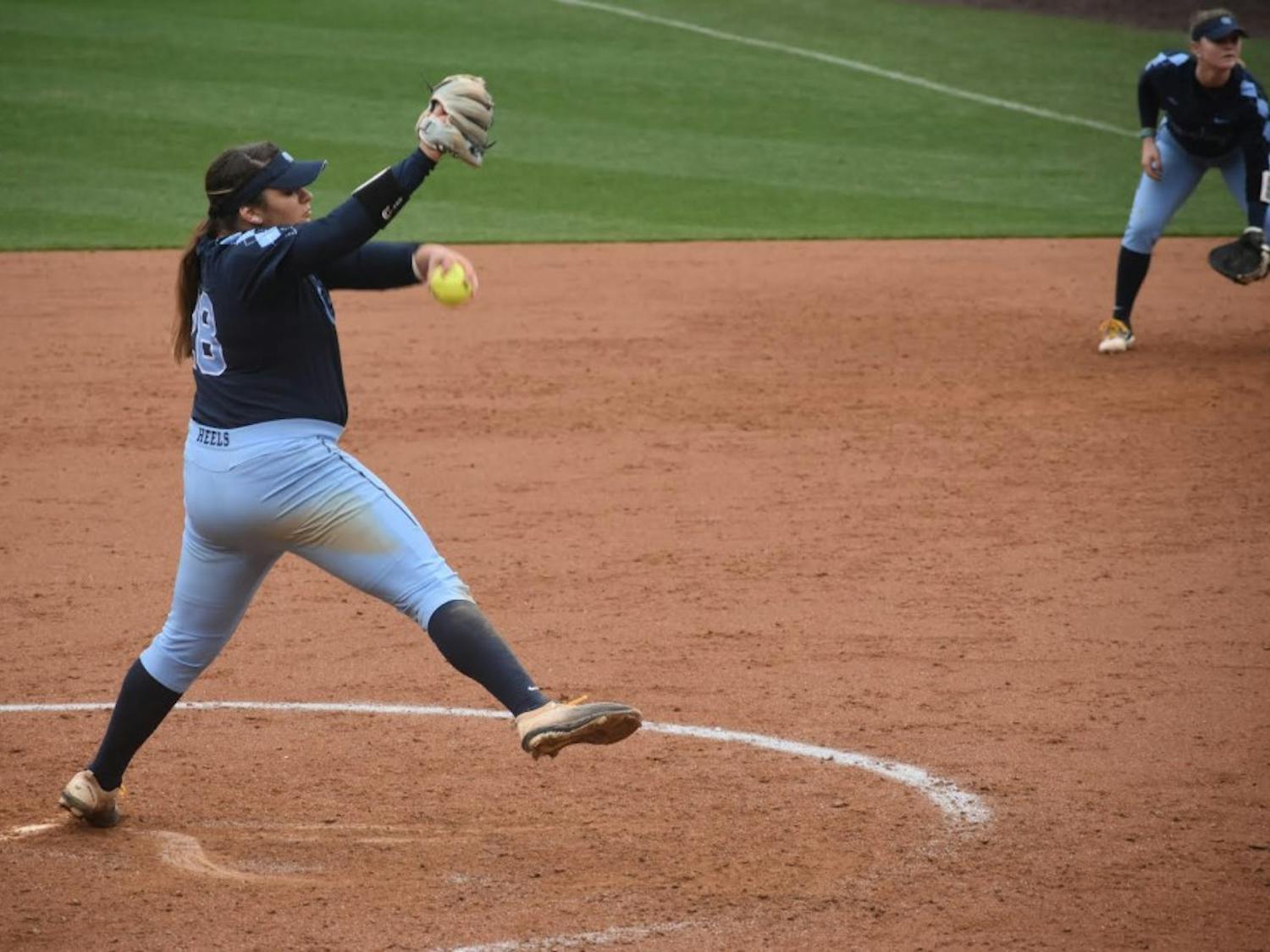 Brittany Pickett (28) pitches against Wisconsin on Feb. 17 in Anderson Stadium.
