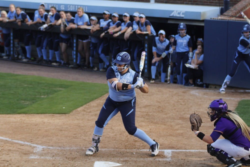 <p>Brittany Pickett (28) prepares for a swing against ECU on April 18 in Anderson Stadium.</p>