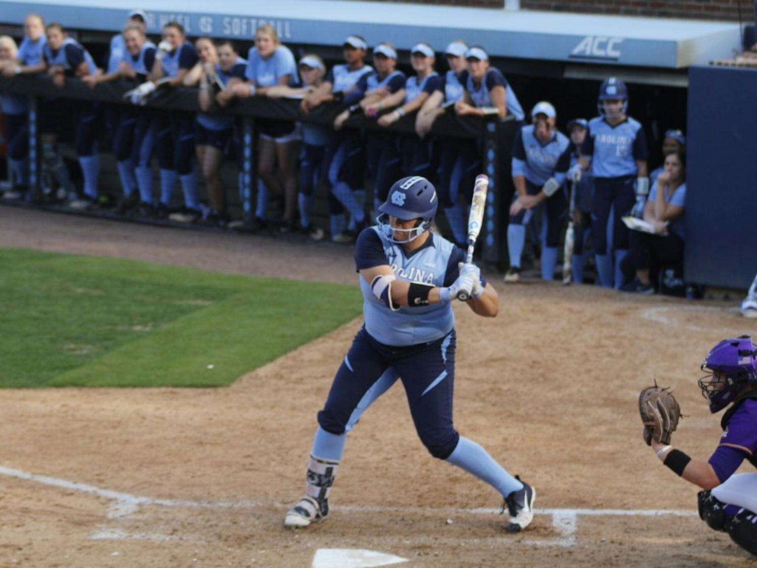 Brittany Pickett (28) prepares for a swing against ECU on April 18 in Anderson Stadium.