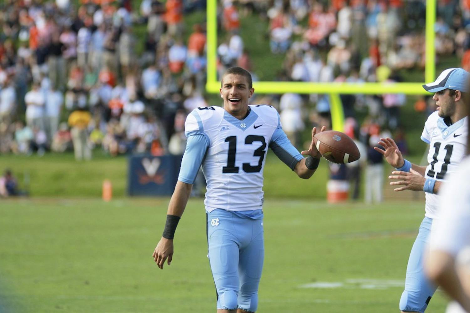 Former walk-on Mack Hollins led the Tar Heels in their match Saturday against the University of Virginia.  Hollins finished with two touchdowns and retrieved the ball for UNC on an onside kick recovery.