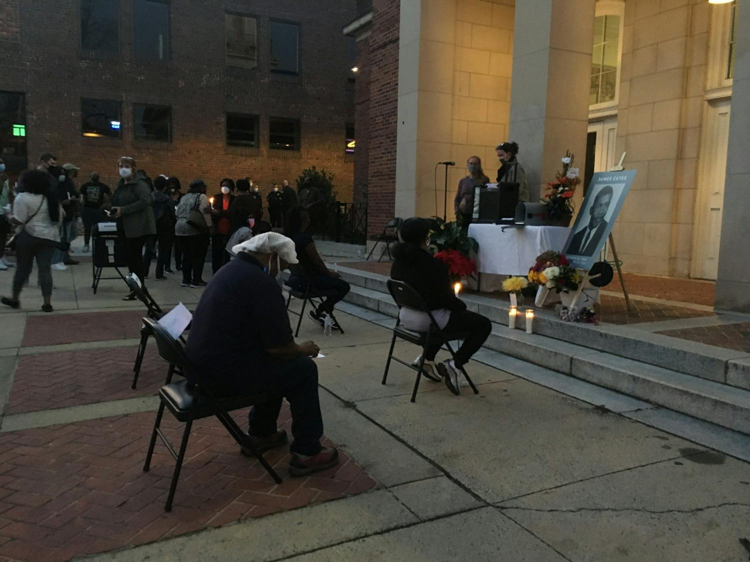 People gather at the Peace and Justice Plaza in remembrance of James Lewis Cates on the 50th anniversary of his murder on Nov. 21, 2020.&nbsp;