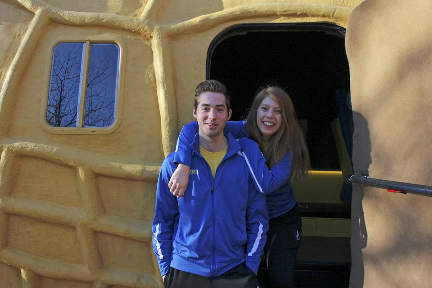Planters representatives Alejandra Galindo and Dylan Eikes with their "nutmobile" on Saturday afternoon.