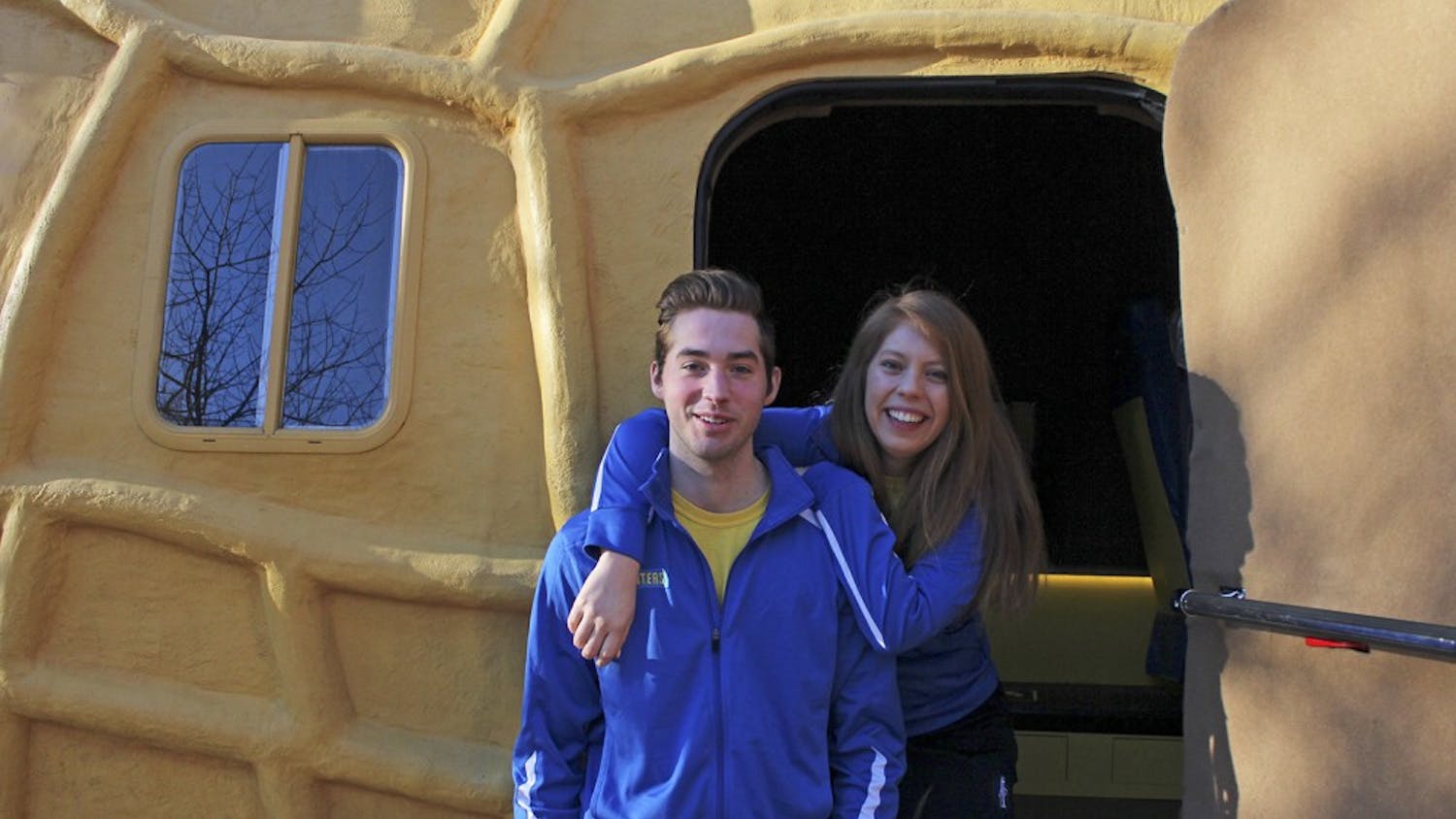 Planters representatives Alejandra Galindo and Dylan Eikes with their "nutmobile" on Saturday afternoon.