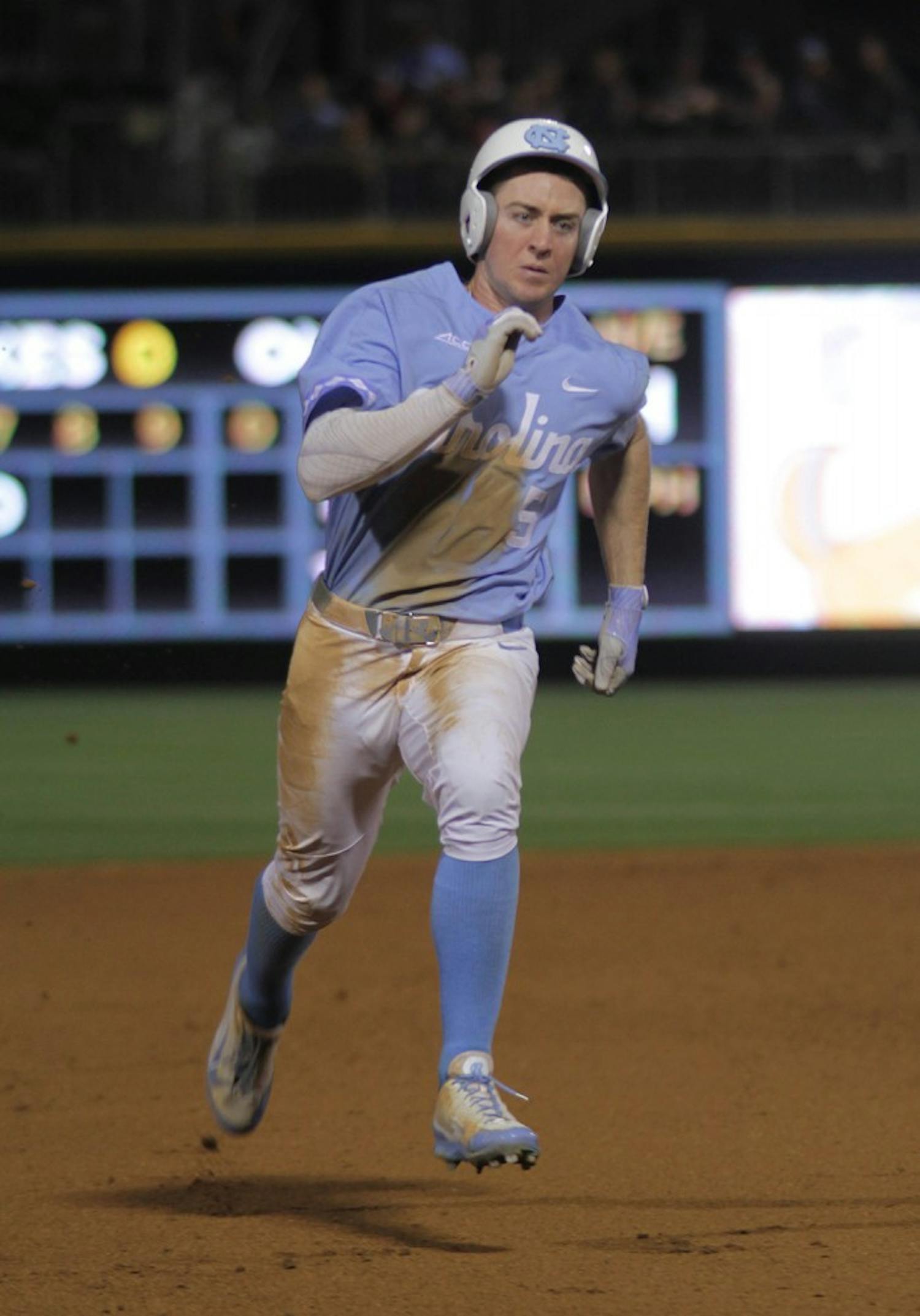 Junior Brian Miller (5) bolts towards home base in UNC baseball's 20-5 win over South Carolina.&nbsp;