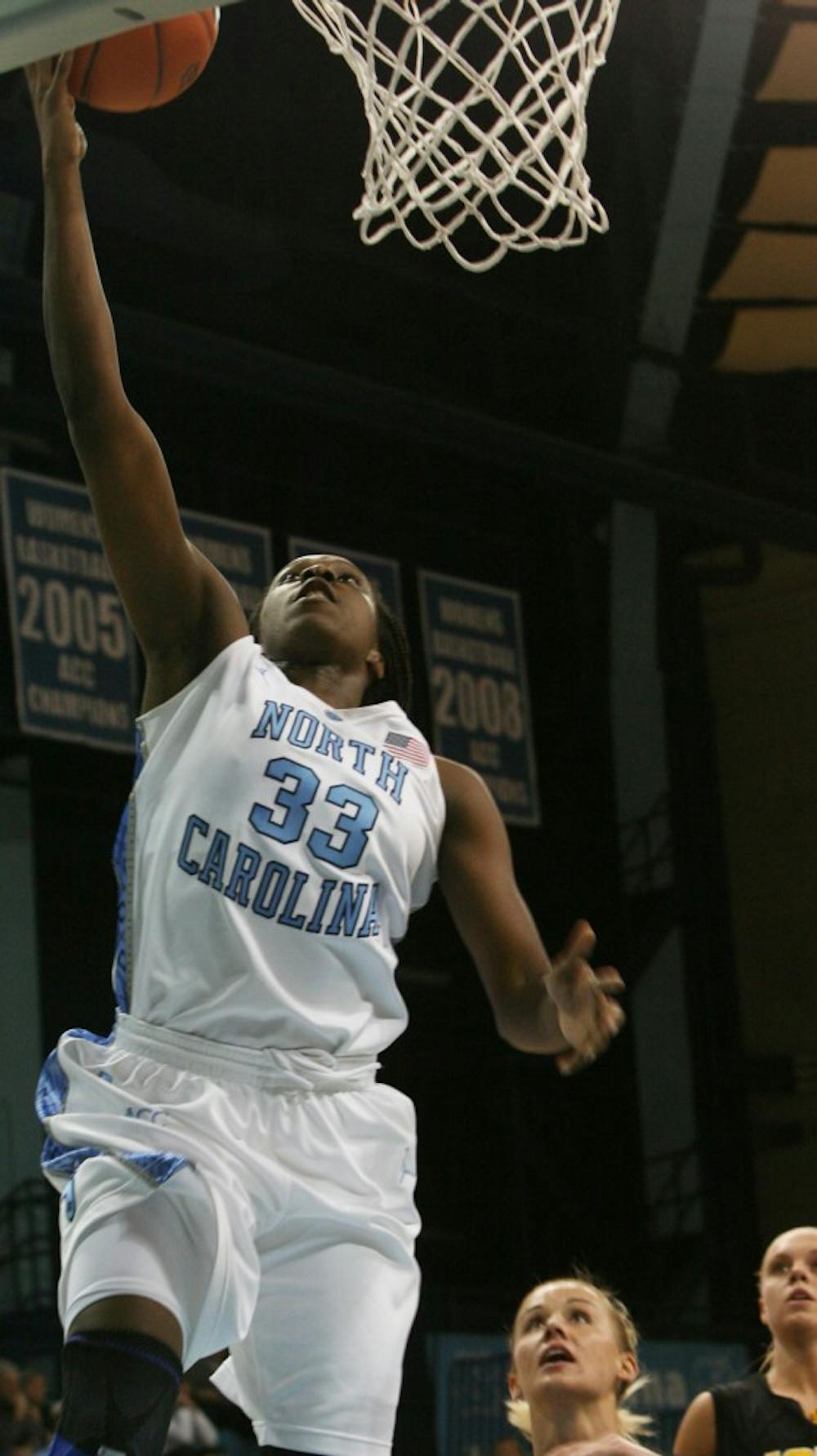 North Carolina forward Laura Broomfield goes up for a layup against Iowa. The 6-foot-1 junior scored 12 points and grabbed 11 rebounds in 20 minutes of action. It was her first double-double this year.