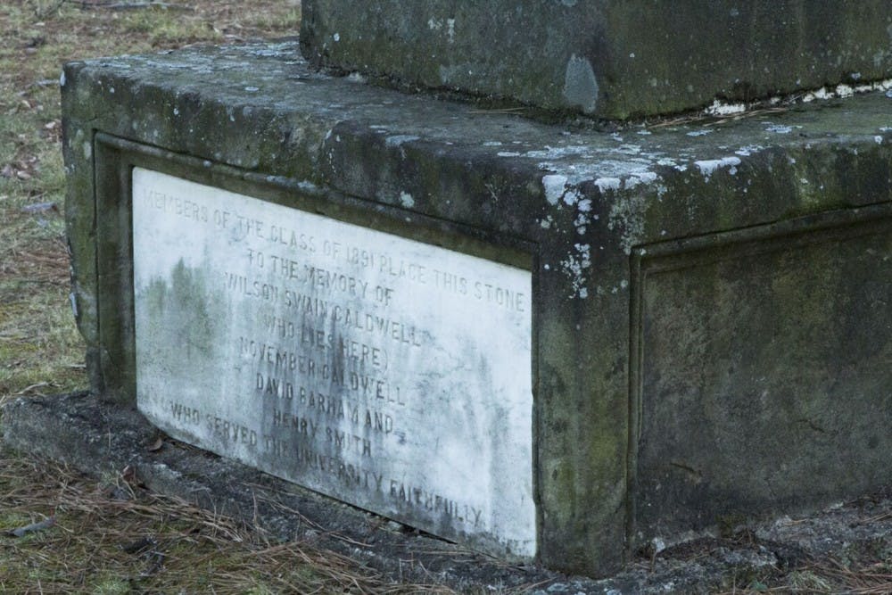 The Wilson Caldwell Monument stands in the Chapel Hill Memorial Cemetery on South Road.