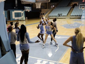 The UNC women's basketball team trains in a skirmish during an open practice in Carmichael Arena on Thursday, Sept. 26, 2019.