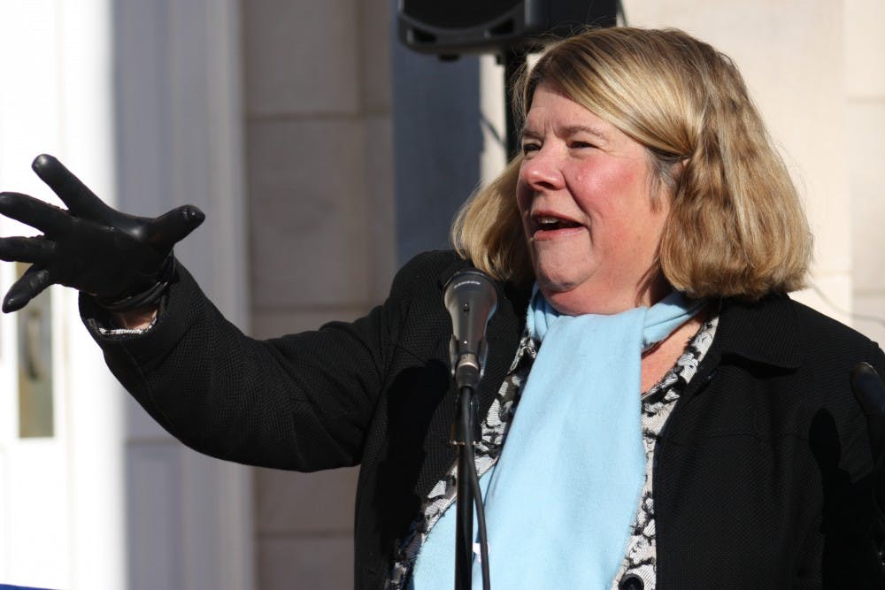 <p>Chapel Hill Mayor Pam Hemminger speaks during the Chapel Hill-Carrboro NAACP MLK Day Rally and March at the Peace and Justice Plaza on Jan. 15.</p>