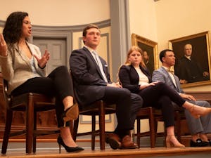 (Left to right) Ashton Martin, Jack Noble, Jane Tullis and Tarik Woods participated in the Student Body Presidential Debate on Thursday, Feb.7, 2019.  The Dialectic and Philanthropic Societies hosted the event in New West in front of a small audience comprised of UNC-Chapel Hill students.