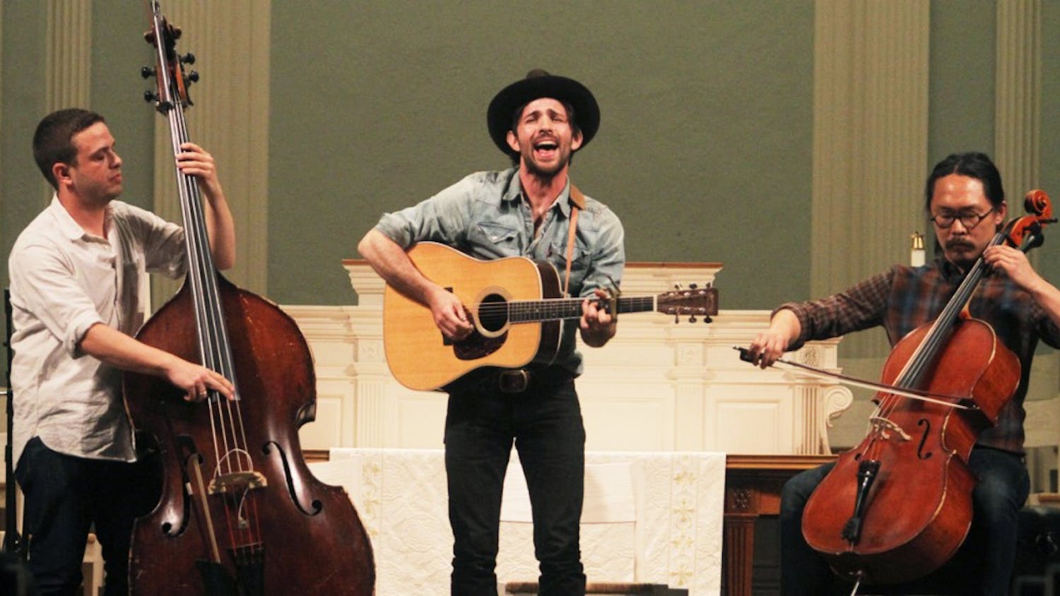 	Paul Defiglia, Scott Avett and Joe Kwon, from left to right, of the Avett Brothers perform at “MElodies” to benefit Musical Empowerment.