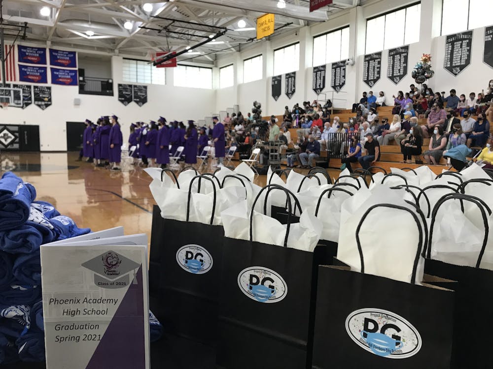 Project Graduation gift bags sit on a table at the Phoenix Academy High School Spring 2021 graduation ceremony. Photo courtesy of Project Graduation. 