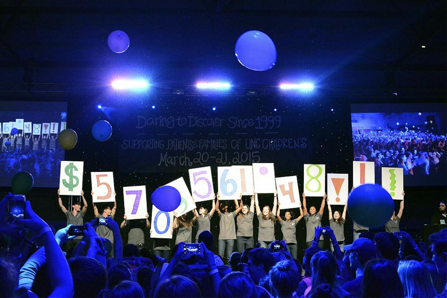 Students who participated in the 2015 UNC Dance Marathon celebrate Saturday night in Fetzer Gym after raising $570,561.41 for the patients at North Carolina Children's Hospital.