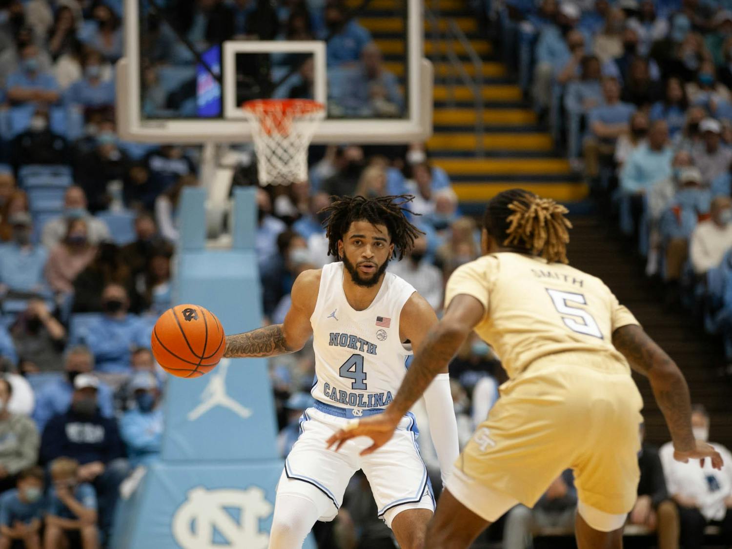 Sophomore RJ Davis (4) dribbles the ball at the game against Georgia Tech at the Dean Smith Center in Chapel Hill on Saturday, Jan. 15, 2022. UNC won 88-65.