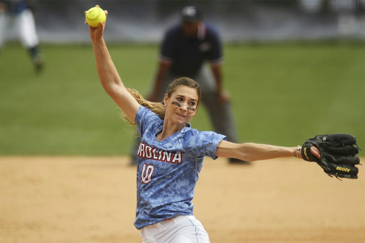UNC pitcher, Lori Spingola, winds up a pitch against a Maryland opponent.  The Tar Heels defeated the Terps 11-5 in the first game of their double-header Saturday.