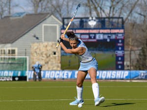 UNC senior back Romea Riccardo (11) shoots the ball during the NCAA Field Hockey Tournament semifinal game against Penn State on Friday, Nov. 18, 2022 at the George J. Sherman Sports Complex in Storrs, Conn. UNC won 3-0.