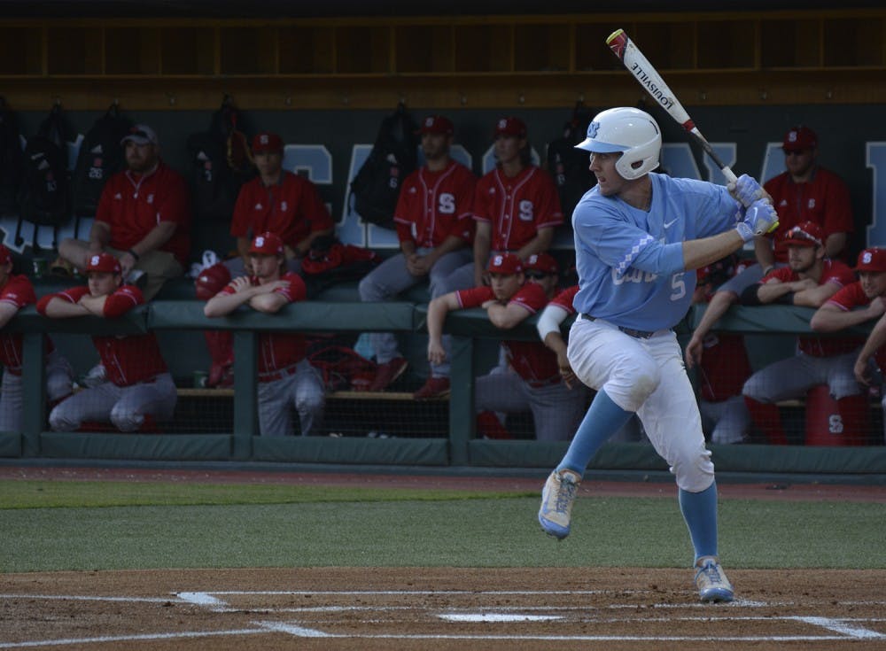 Brian Miller, UNC Junior 1st Baseman, prepares to swing at a pitch. The North Carolina Tar Heels defeated NC State University in their first of three baseball games on Friday, April 14, 2017. The Tar Heels won 7-2.