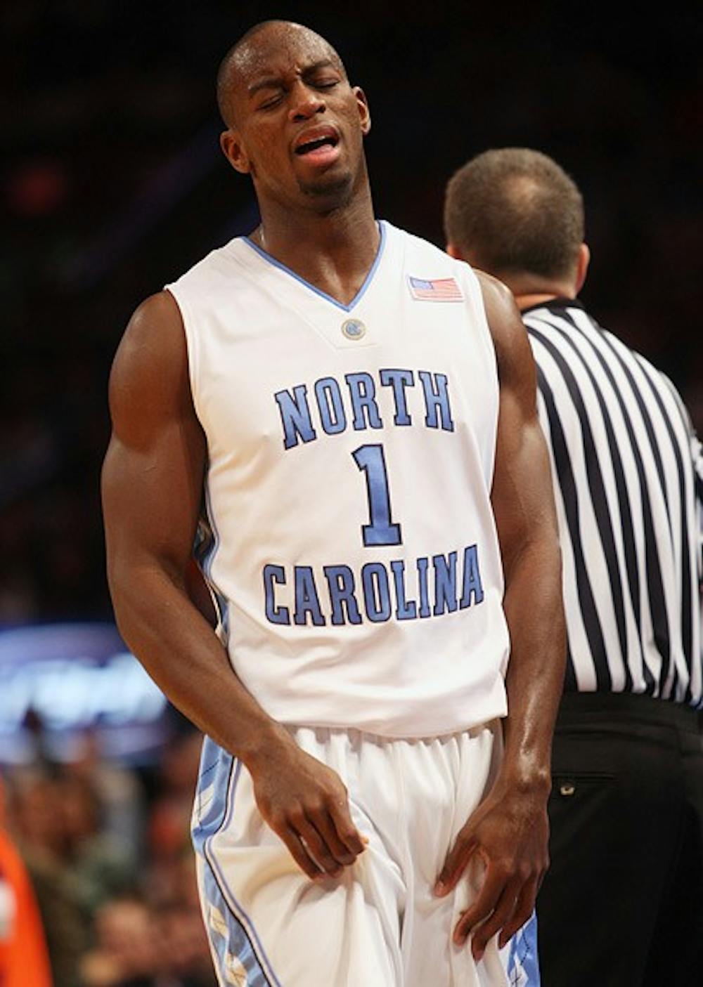 Senior guard Marcus Ginyard expresses frustration during UNC's 87-71 loss in Madison Square Garden. DTH/Andrew Johnson