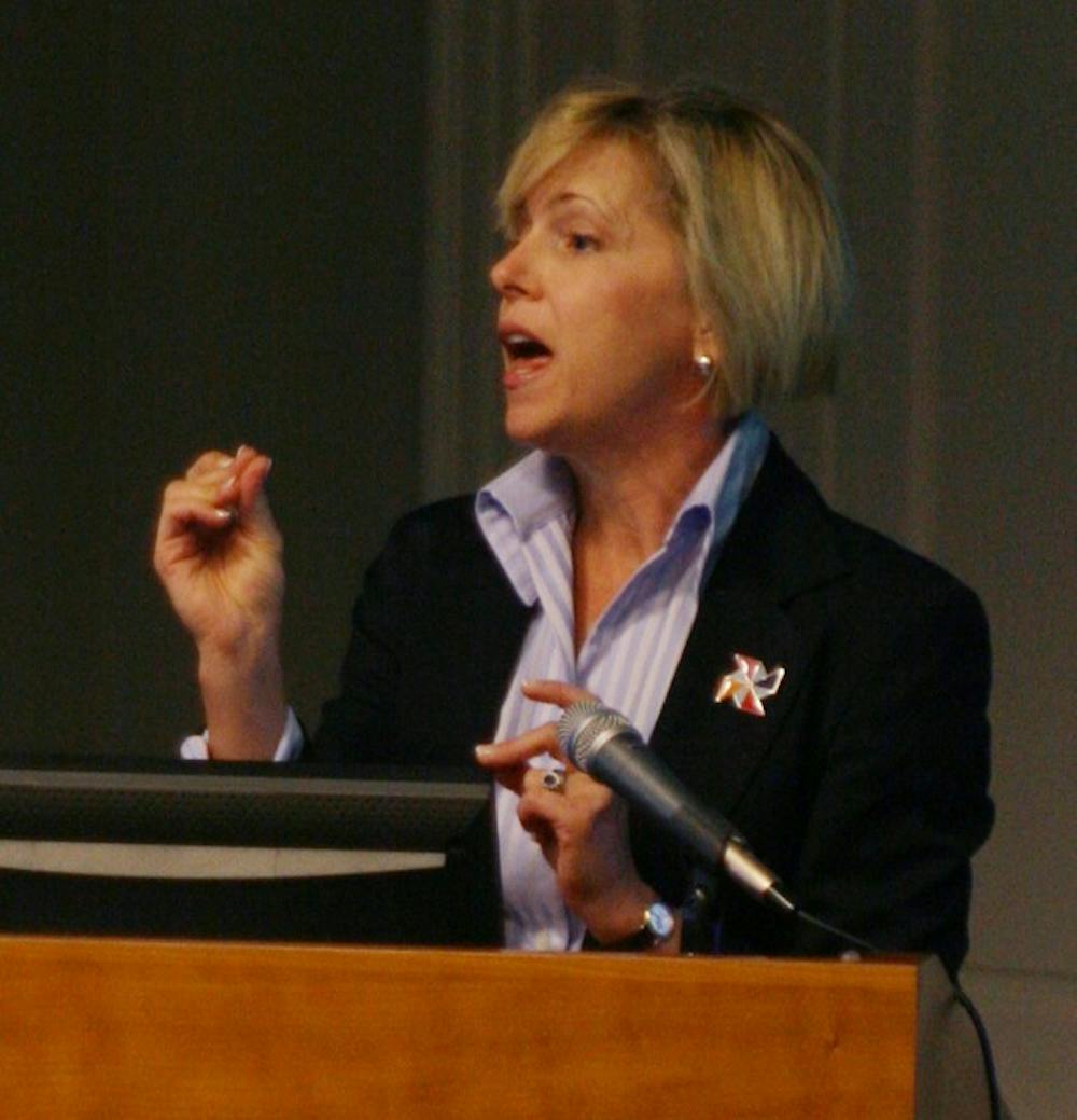 Patti Thorp, wife of Chancellor Holden Thorp, speaks about UNC’s Build-a-Block fundraiser at the October employee forum meeting Wednesday.
