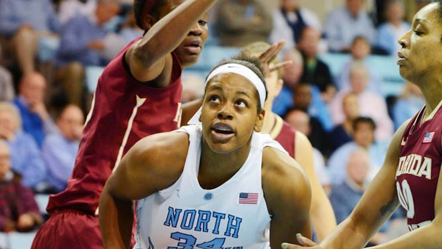 UNC Forward Xylina McDaniel (34) drives to the hoop in the first half. 