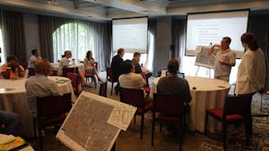 Residents share ideas for the N-S BRT bus stations at a community input session at The Franklin Hotel on Saturday, July 13. Photo courtesy of Amy Groves. 