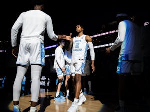 UNC sophomore guard Caleb Love (2) enters the court before the first round of the NCAA tournament against Marquette on Thursday, March 17, 2022, in Fort Worth, Texas. UNC won 95-63.