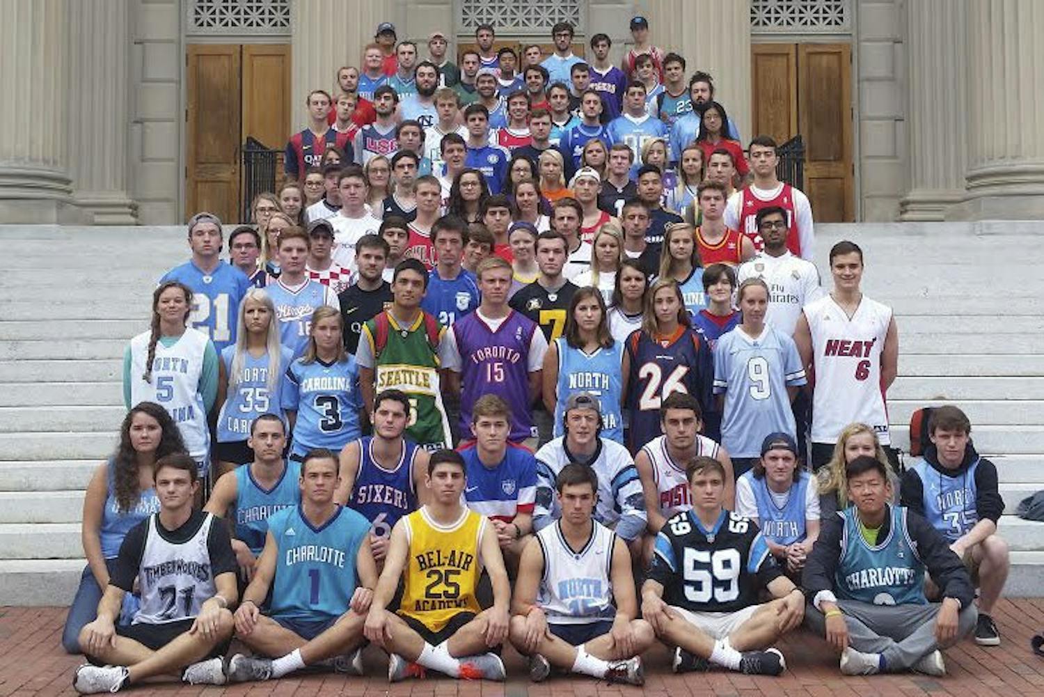 Students meet on Thursdays outside Wilson Library to celebrate Jersday by wearing sports jerseys.