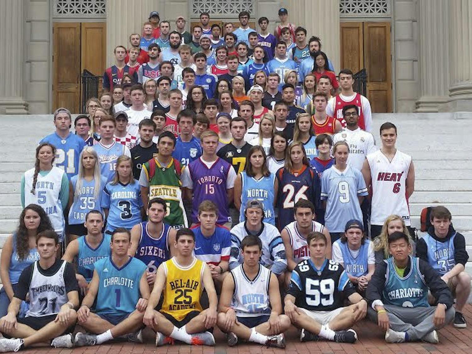 Students meet on Thursdays outside Wilson Library to celebrate Jersday by wearing sports jerseys.