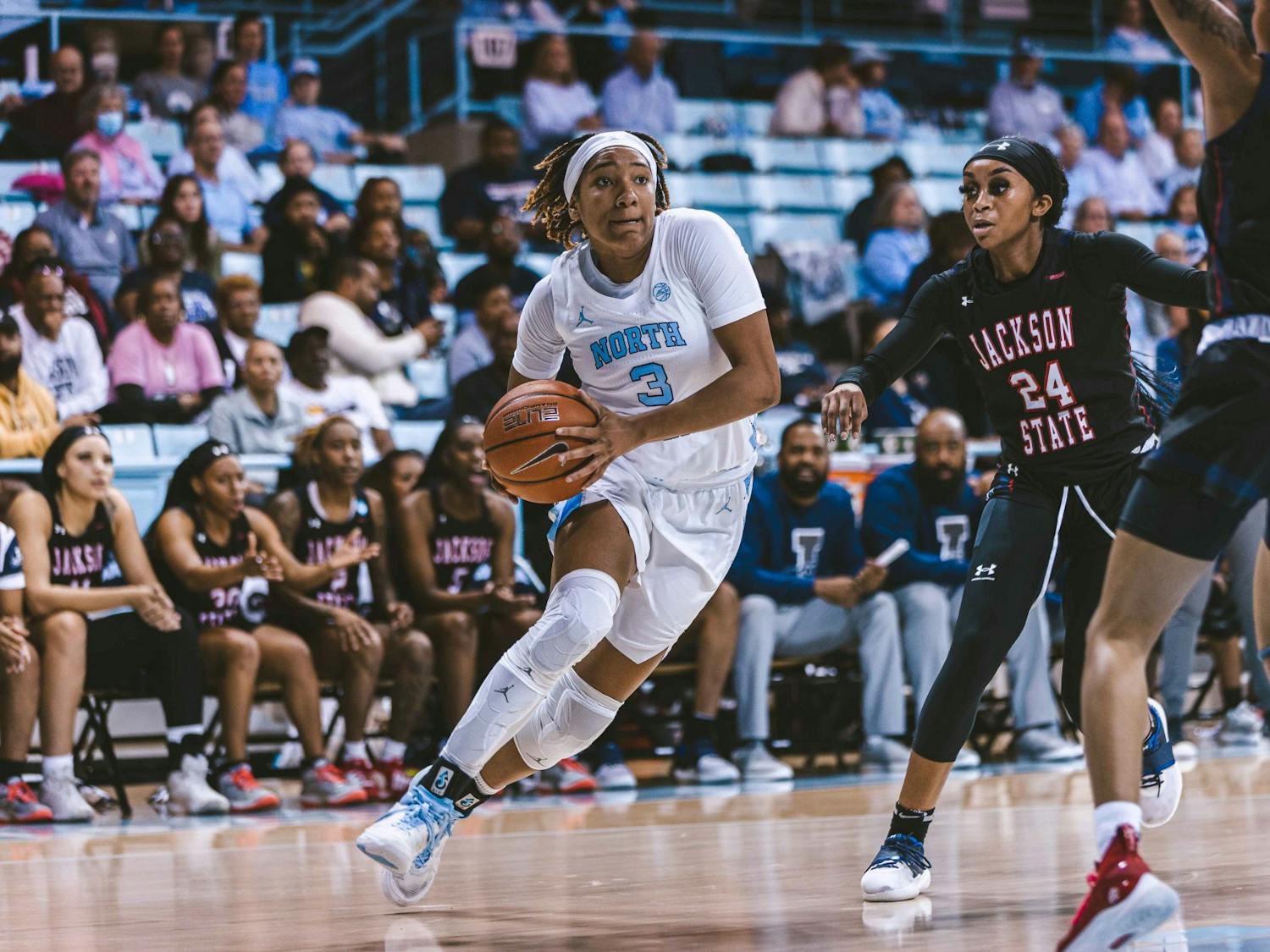 UNC junior guard Kennedy Todd-Williams (3) drives in near the end of the second quarter of the women's basketball game against Jackson State in Carmichael Arena on Wednesday, Nov. 9, 2022. UNC beat Jackson State 91-51.